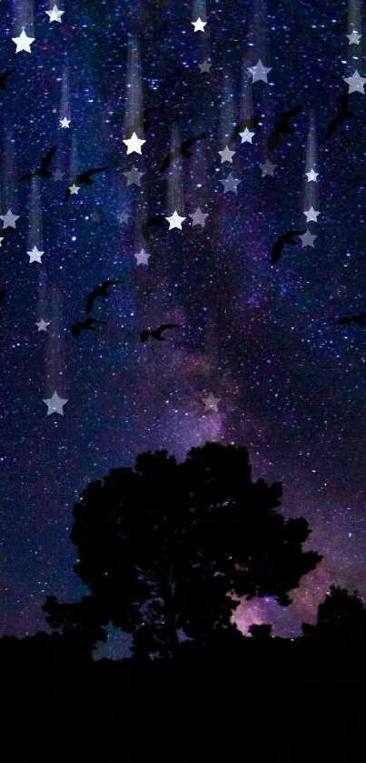 Starry night sky with silhouetted trees and flying birds.