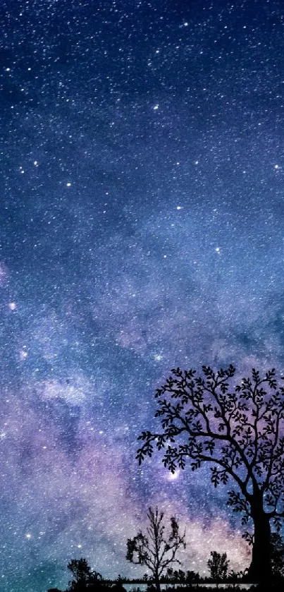 Starry sky with tree silhouette, perfect for mobile wallpaper.