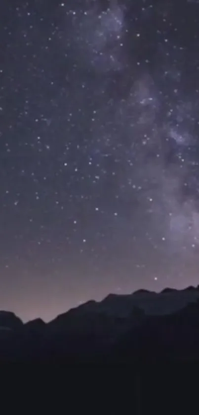 Starry night sky with galaxy over mountains.