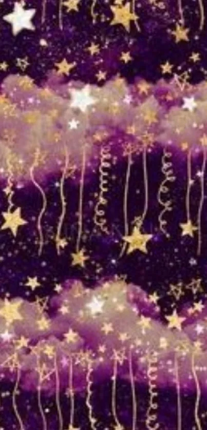 Mobile wallpaper with golden stars and purple starry sky.