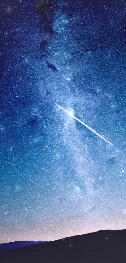 Mobile wallpaper of a starry night sky with a meteor streaking across.