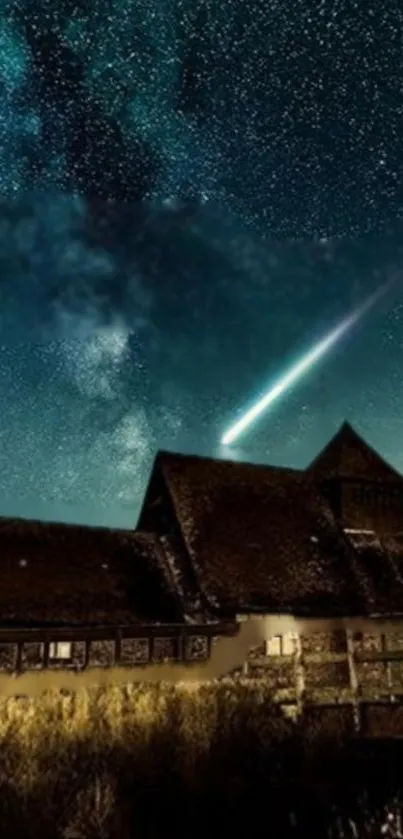 Star-filled night sky with shooting star and rustic house.