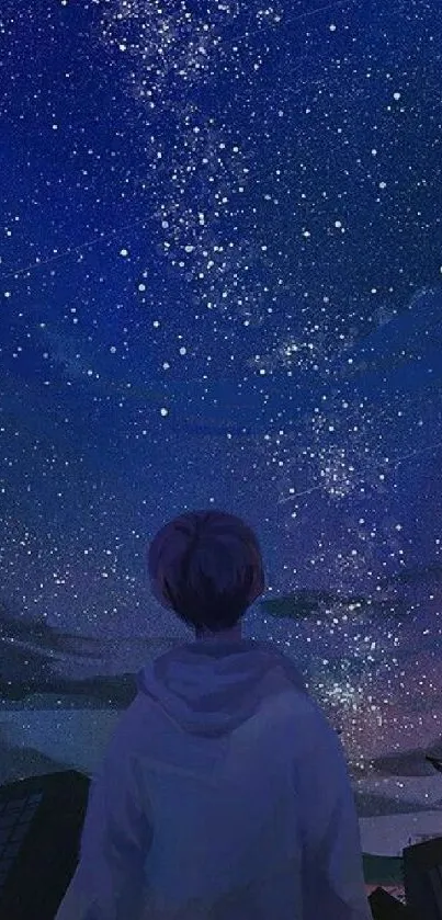 Illustration of a person looking at a starry night sky with deep blue hues.