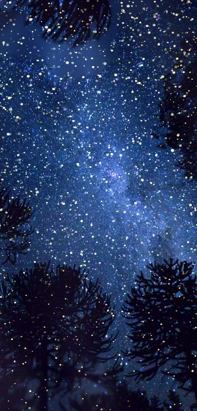 Starry night sky with dark tree silhouettes.