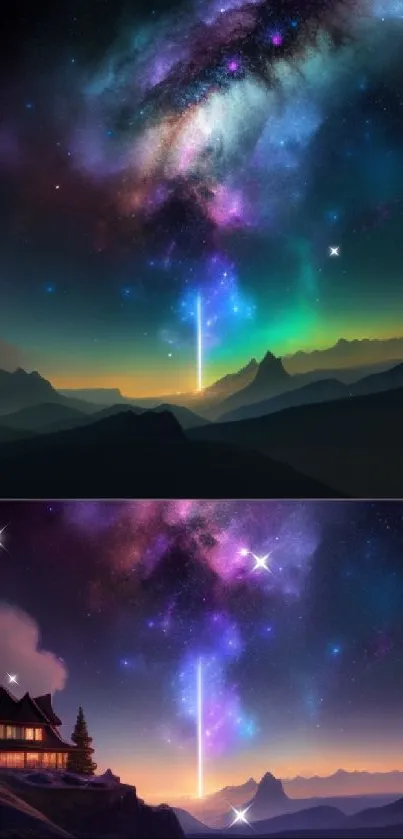 Vibrant galaxy night sky with stars and serene landscape.