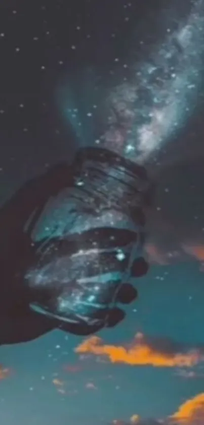 Hand holding a jar with stars against a night sky.