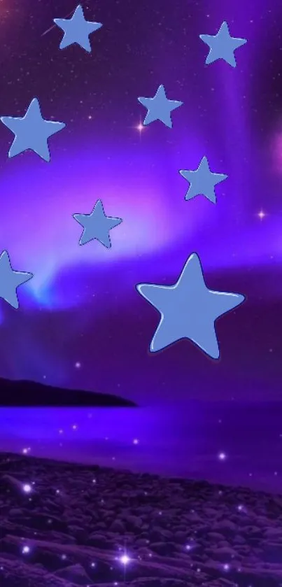 Purple starry night sky wallpaper with cosmic stars and moon.