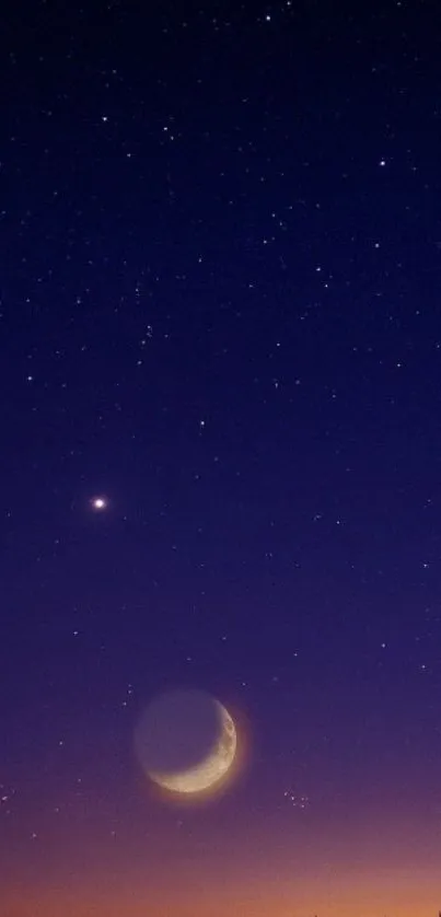 Starry night sky with crescent moon and twilight glow.