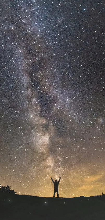 Silhouette under a starry galaxy in the night sky wallpaper.