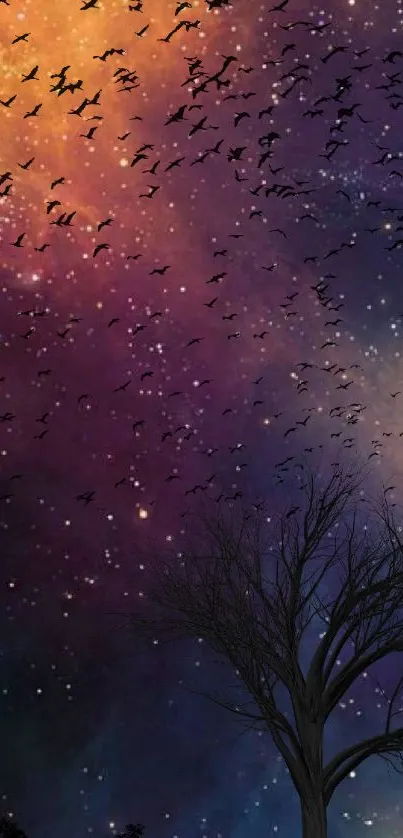 Starry night sky with birds flying over a silhouetted tree.