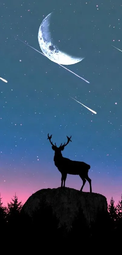 Silhouette of a deer under a starry sky with a crescent moon and shooting stars.