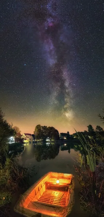 Starry night sky with a glowing boat on calm water.