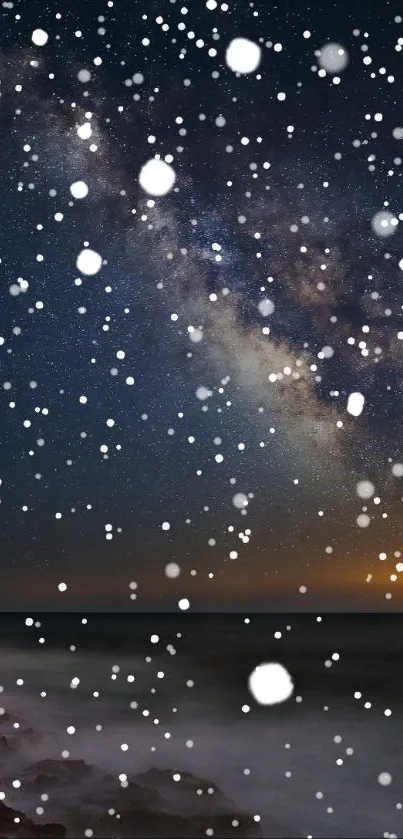 Starry night sky with snowfall over the ocean.