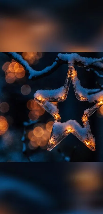 Glowing star-shaped light on a snowy branch at night.