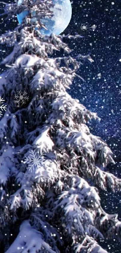 Snowy tree under a starry sky with snowflakes falling.