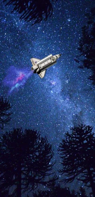 Space shuttle flying through a starry night sky with trees in silhouette.