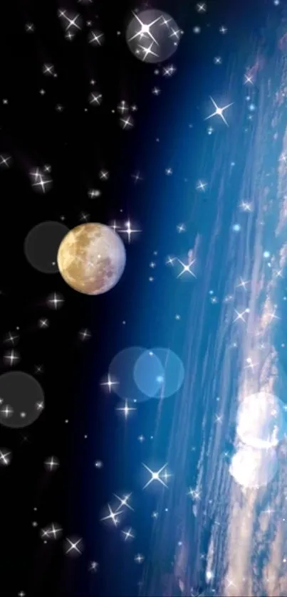 A mesmerizing starry night-space wallpaper with the moon and shining stars.