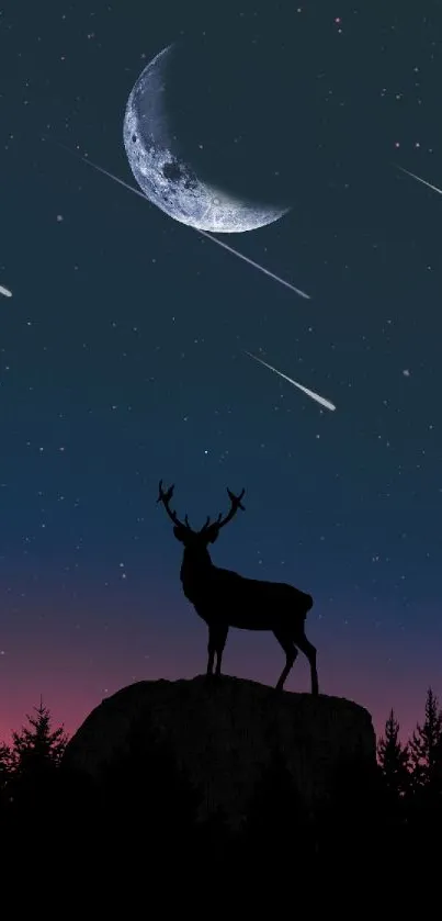 Silhouetted stag under a starry night sky with a crescent moon and shooting stars.