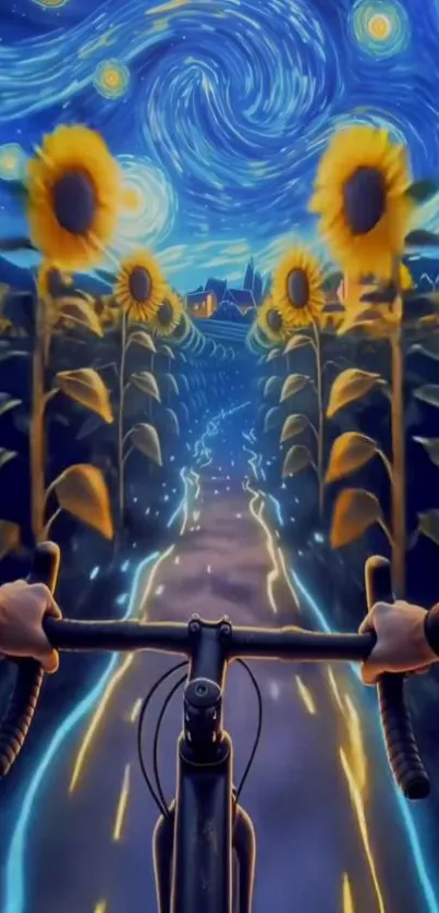 Bicycle ride through sunflowers under a starry night sky.