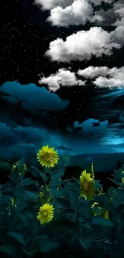 Sunflowers under stars at night, serene view.