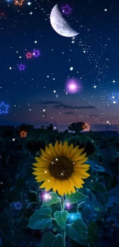 Starry night with crescent moon and sunflower wallpaper.