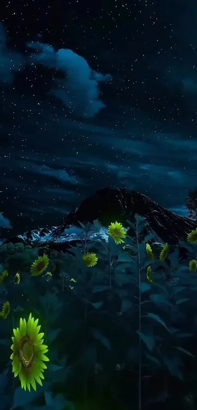 Night sky full of stars above a sunflower field, creating a peaceful wallpaper.