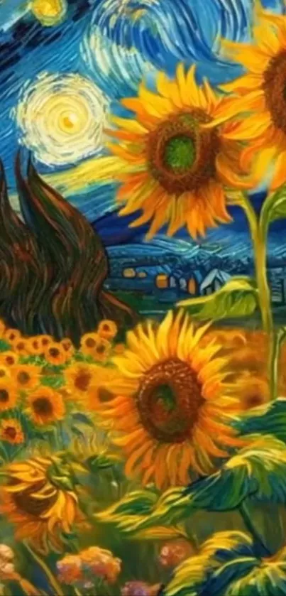 Starry Night-inspired sunflower painting with vivid colors.