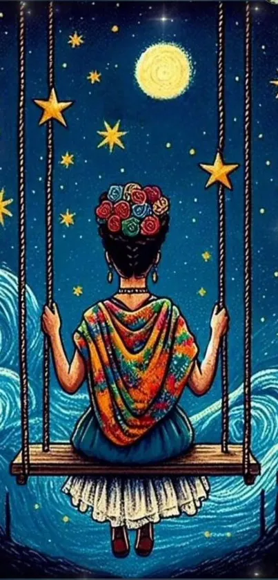 Woman on swing under starry night sky with bright stars and moon.