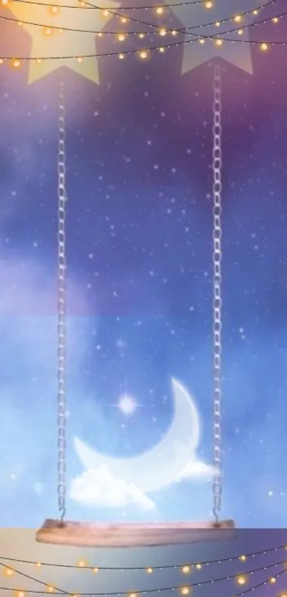 Dreamy night wallpaper with stars and a moon swing adorned by fairy lights.