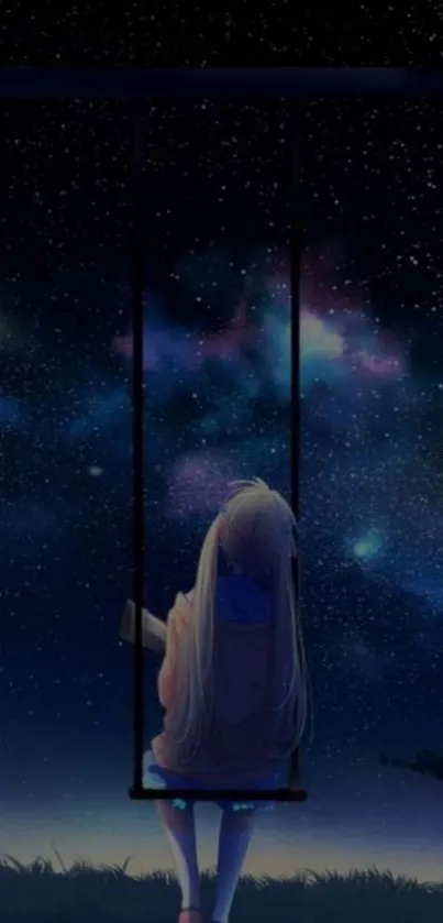 Anime girl on swing under starry night sky.