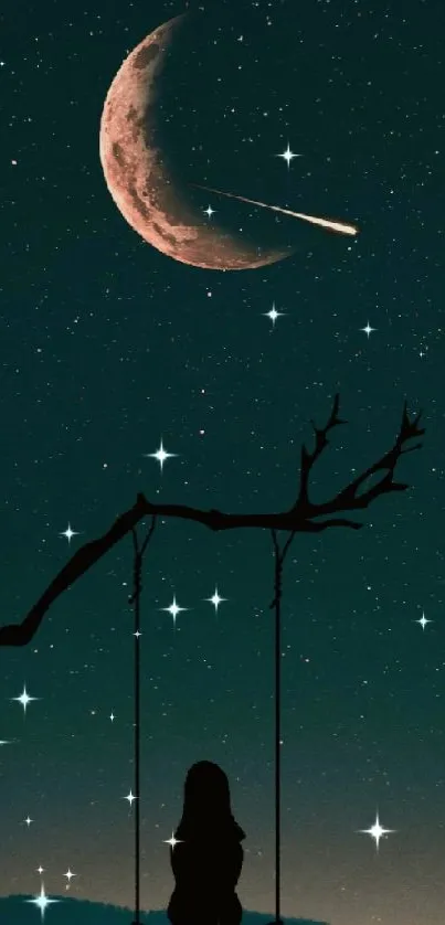 Girl on a swing under a starry night sky with crescent moon and shooting star.