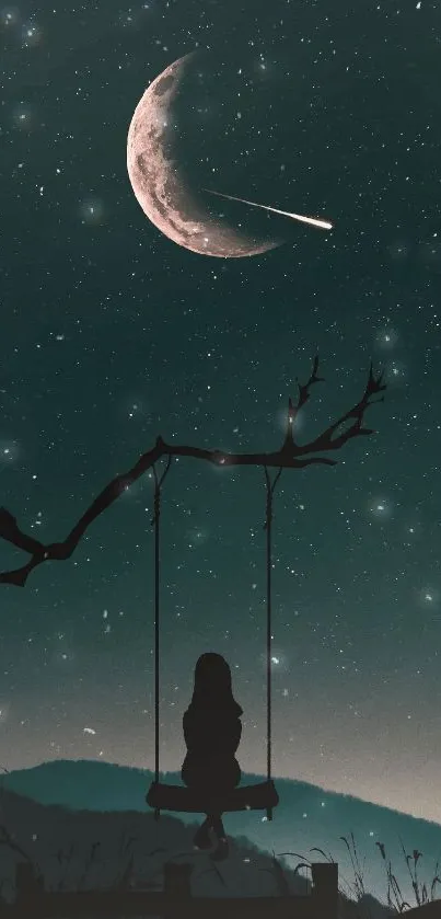 Silhouette on swing under crescent moon and starry night sky.