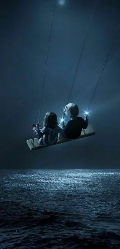 Children swinging over starry ocean night.