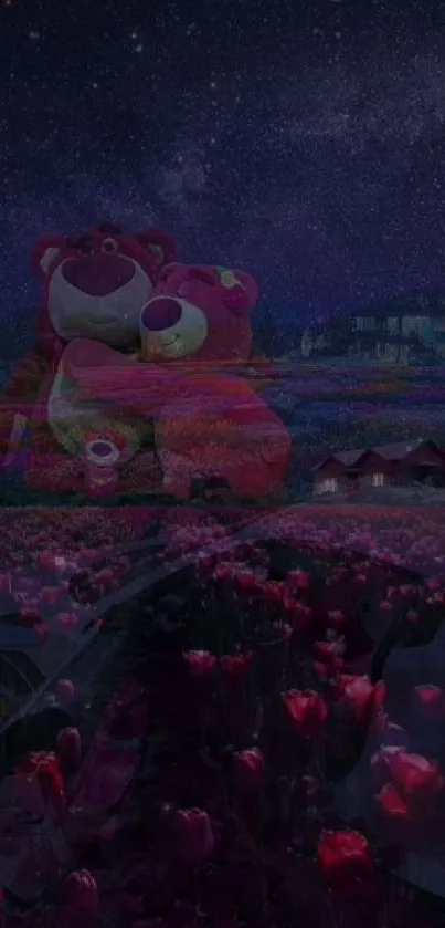 Whimsical teddy bears under starry sky with tulips in the foreground.