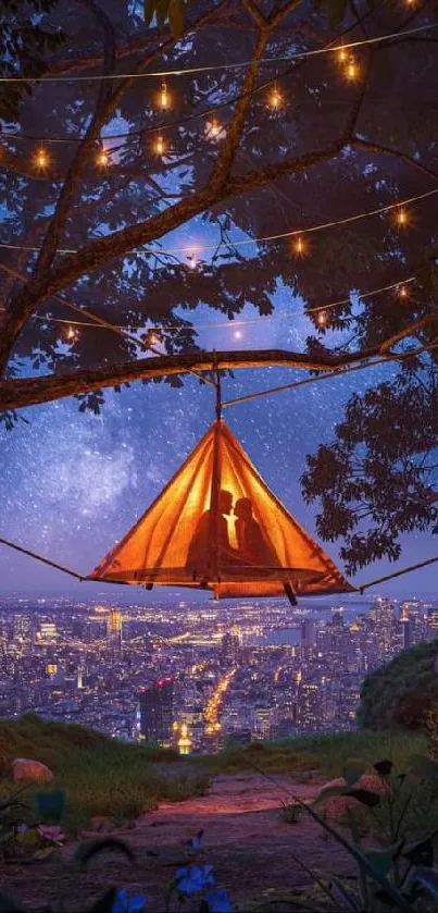 Tent suspended between trees with a starry city skyline.