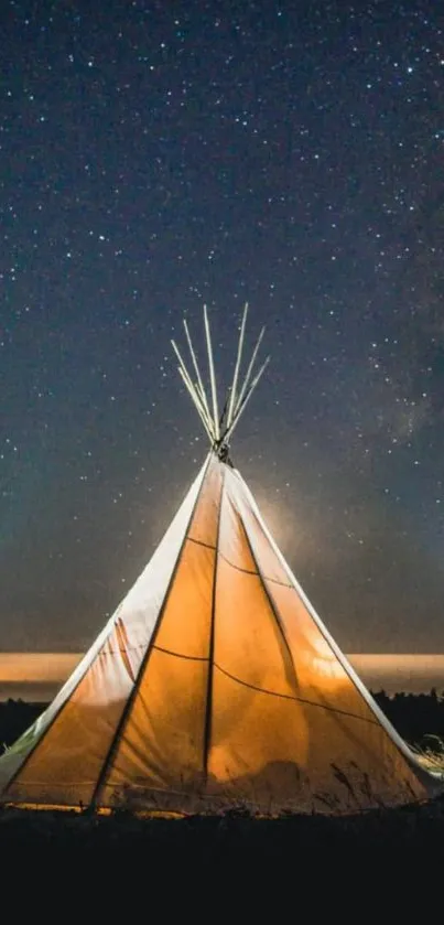 Glowing tent under starry night sky with lush horizon.