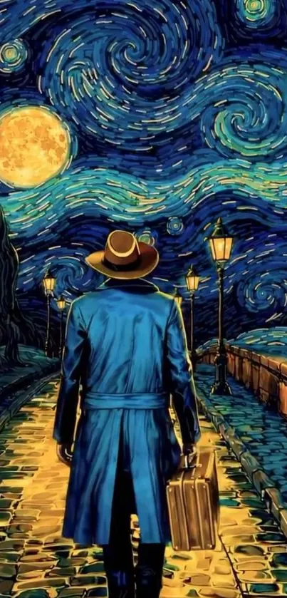 Person under starry sky, carrying suitcase, with lamplights lining path.