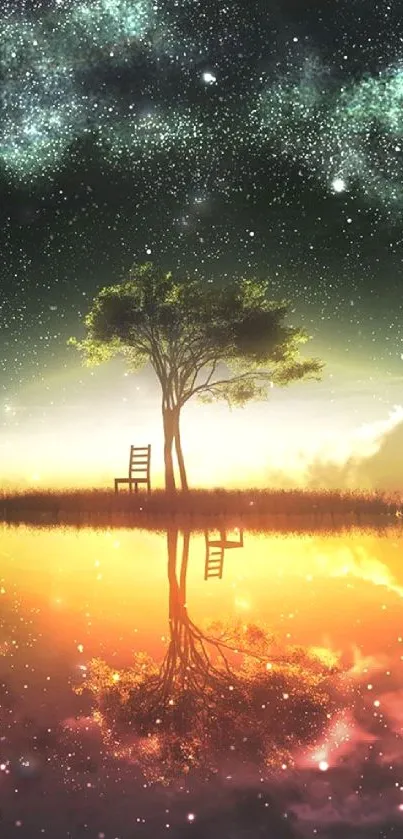 Tree reflected in glowing water under starry sky wallpaper.