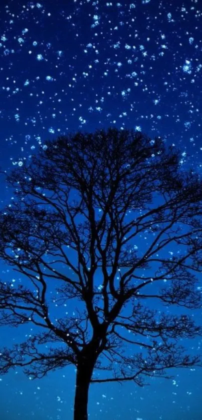 Silhouetted tree under a starry night sky.