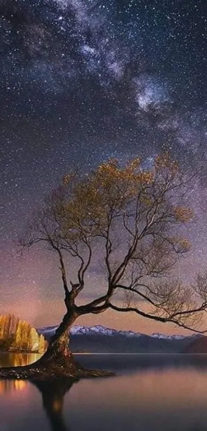 Starry night sky with lone tree reflected in tranquil lake.