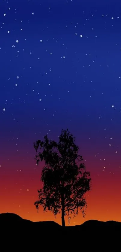 Starry night sky with silhouetted tree and sunset gradient.