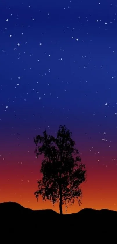 Starry night sky with silhouetted tree in vibrant gradient.