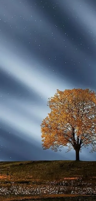 Wallpaper of a tree under a starlit sky.