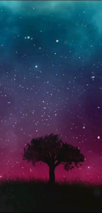 Mobile wallpaper featuring a starry night sky with a silhouetted tree and indigo gradient.