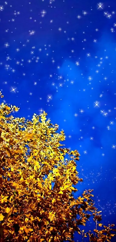 Golden tree under a starry blue night sky mobile wallpaper.