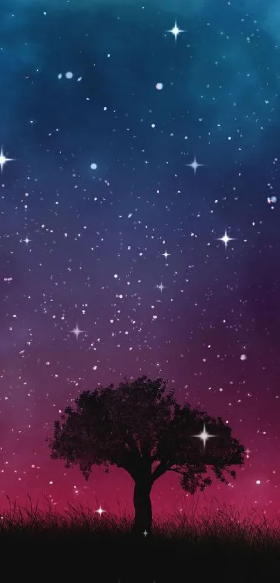 Silhouette of a tree under a starry night sky with blue and purple hues.