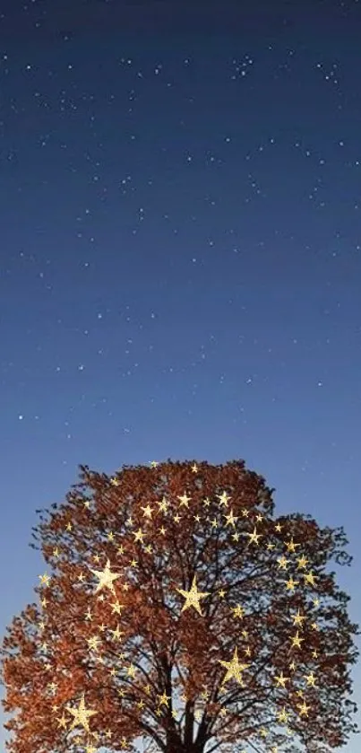 Tree with glowing stars under a dark blue starry sky.