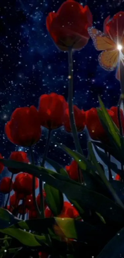 Starry night with red tulips and a glowing butterfly in a magical scene.