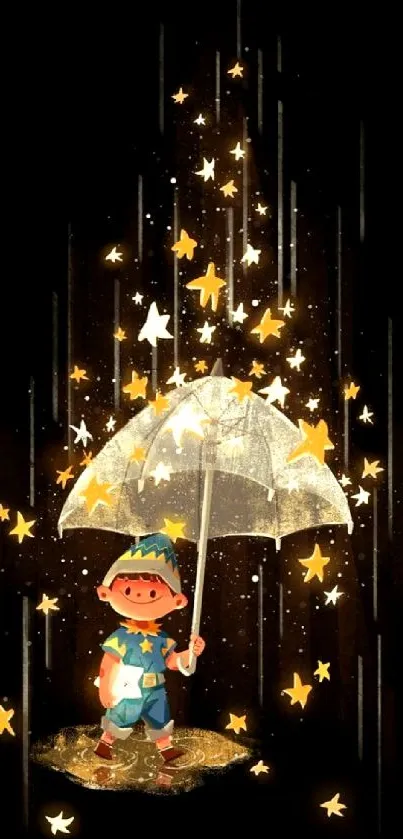 Child with umbrella surrounded by glowing stars on a black background.