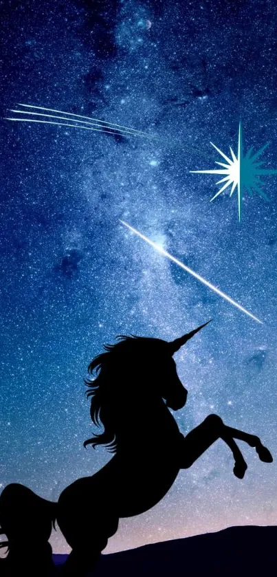 Silhouette of unicorn under starry night sky wallpaper.